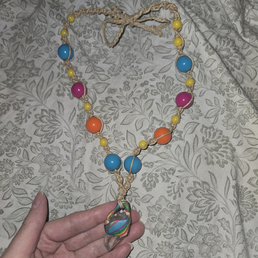 Colorful Beaded Hemp Wrap Boho Multicolored Necklace Rainbow Handmade Gemstone